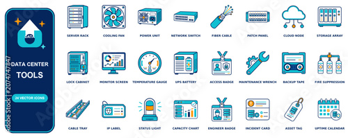 Data Center flat icon set - 24 vector line icons: server rack, cooling fan, power unit, network switch, fiber cable, patch panel, cloud node, storage array, lock cabinet, monitor screen