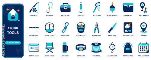 Photos Fishing flat icon set - 24 vector line icons: rod reel, hook line, tackle box, l