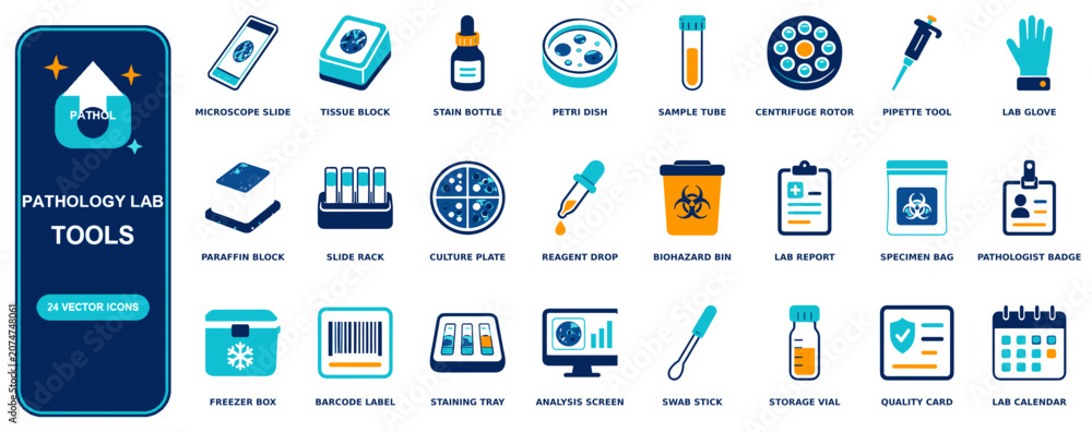 Foto Pathology Lab flat icon set - 24 vector line icons: microscope slide, tissue blo