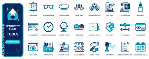 Optometry Clinic flat icon set - 24 vector line icons: eye chart, glasses frame, contact lens, trial lens, phoropter, slit lamp, retina scan, eye drop, billing card, appointment clock