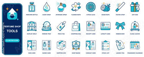 Fotografie Perfume Shop flat icon set - 24 vector line icons: perfume bottle, scent drop, a