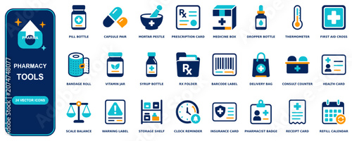 Pharmacy flat icon set - 24 vector line icons: pill bottle, capsule pair, mortar pestle, prescription card, medicine box, dropper bottle, thermometer, first aid cross, bandage roll, vitamin jar