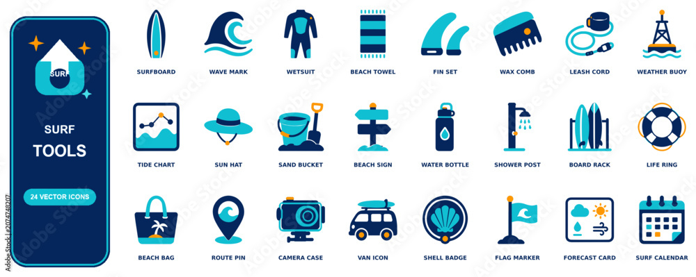 Εκτύπωση καμβά Surf flat icon set - 24 vector line icons: surfboard, wave mark, wetsuit, beach