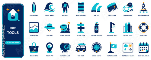 Fotografie Surf flat icon set - 24 vector line icons: surfboard, wave mark, wetsuit, beach