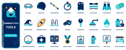 Swimming Pool flat icon set - 24 vector line icons: goggles, swim cap, lane marker, stopwatch, kickboard, pull buoy, flipper pair, towel roll, water wave, lifeguard float, pool ladder, whistle