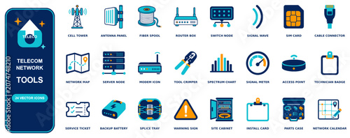 Photos Telecom Network flat icon set - 24 vector line icons: cell tower, antenna panel,