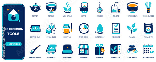 Tableau sur toile Tea flat icon set - 24 vector line icons: teapot, tea cup, leaf steam, kettle, i