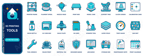 Фотография Three D Printing flat icon set - 24 vector line icons: printer frame, filament s