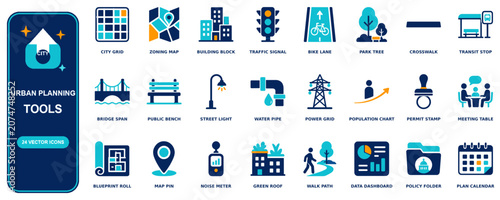 Urban Planning flat icon set - 24 vector line icons: city grid, zoning map, building block, traffic signal, bike lane, park tree, crosswalk, transit stop, bridge span, public bench, street light