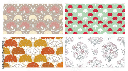 Botanical Seamless Pattern Collection Vector Set Featuring Ginkgo Leaves, Floral Motifs, Wildflowers, and Elegant Nature Inspired Surface Designs