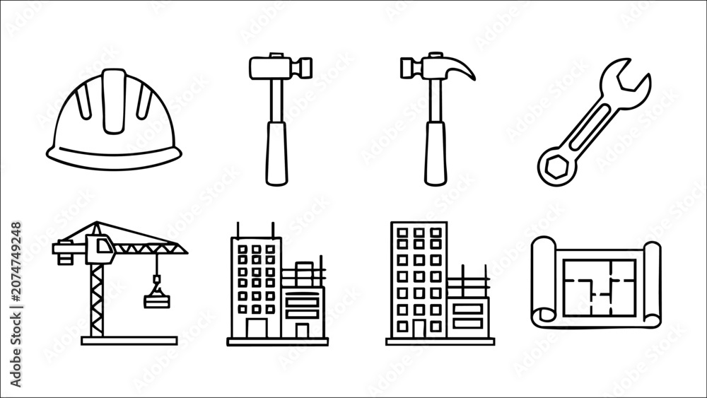Photography Construction Outline Icons – Building Tools & Engineering Vector Pack