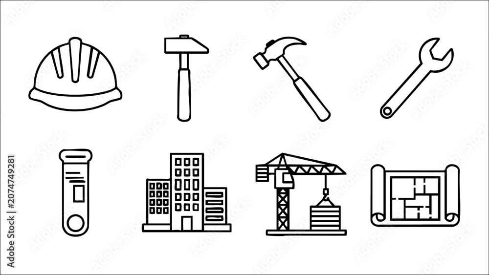 Photos Construction Outline Icons – Building Tools & Engineering Vector Pack