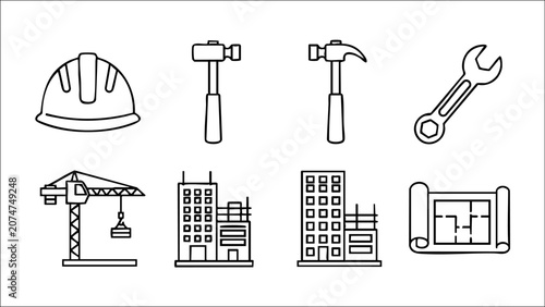 Photography Construction Outline Icons – Building Tools & Engineering Vector Pack