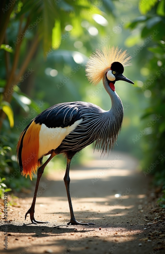 Fototapeta premium Grey crowned crane bird with unique head feathers walks on jungle path. Tall bird has orange tail feathers and elegant long legs. Sunny day in lush green tropical park.