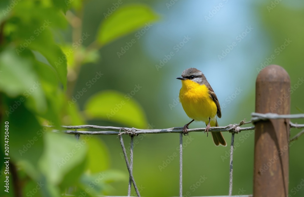 Obraz premium Small yellow bird with grey head sits on wire fence in sunny garden. Green leaves and blue sky background blur. Wildlife small creature in outdoor nature setting.