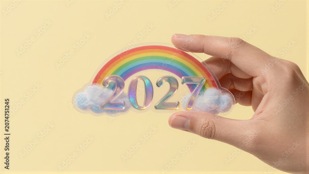 Naklejka premium Hand holds rainbow sticker with 