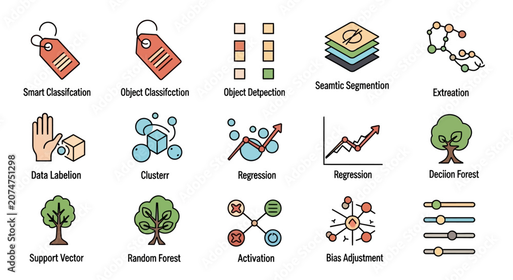 Fototapeta premium Machine Learning Icons: Classification, Clustering, Regression, AI, Data Science