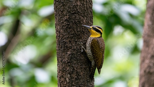 Colorful woodpecker with yellow crest clings to tree trunk