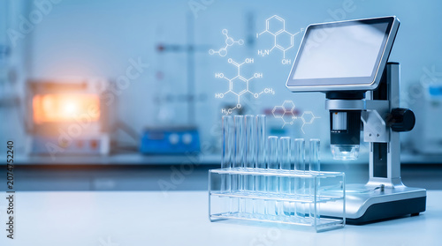 Advanced digital microscope and test tubes in laboratory with glowing chemical formulas for scientific research analysis