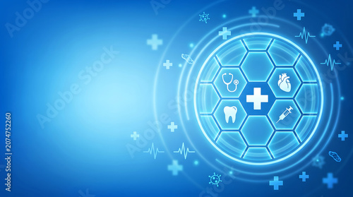 Blue medical technology background with digital healthcare icons and hexagonal hud interface for science and medicine