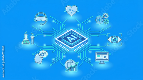 Conceptual Isometric Artificial Intelligence Microchip Connected To Global Healthcare Science Business Digital Transformation And Modern Technology Icons