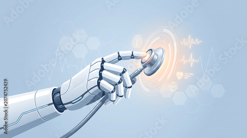 Future of Healthcare with Robotic Hand Holding Stethoscope Analyzing Medical Data Through Advanced Artificial Intelligence Interface Background