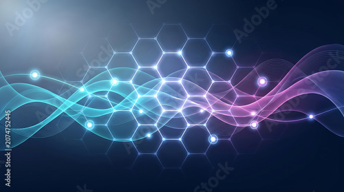 Futuristic abstract technology background with glowing blue hexagonal honeycomb grid and flowing digital light wave motion
