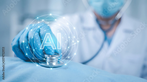 Professional doctor using a stethoscope with digital AI holographic interface for advanced medical diagnosis and healthcare technology