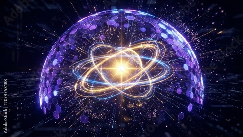 Science - Glowing Atomic Structure with Golden Orbital Rings Inside Purple Hexagonal Digital Energy Shield Dome