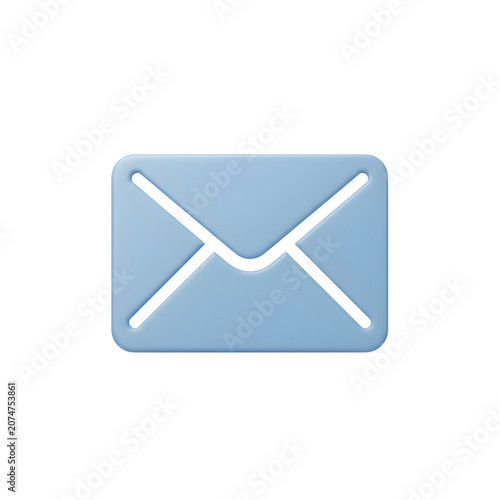 Minimalist light blue three dimensional email envelope icon on white