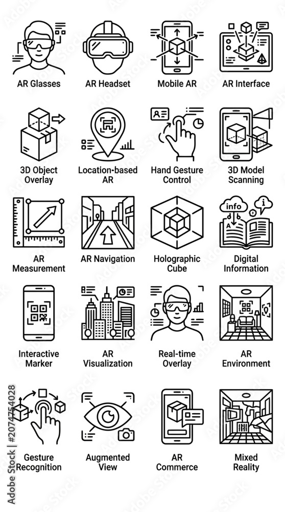 Fototapeta premium Augmented Reality Icons: AR Glasses, VR Headset, Mobile AR, 3D Object Overlay