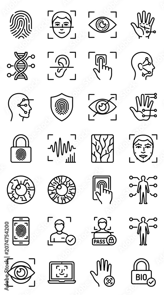Fototapeta premium Biometric Security Icons: Fingerprint, Face, Eye, Ear, Hand, DNA Scan
