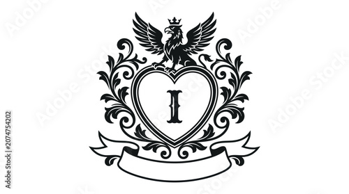 Griffin heart shield crest with letter I.