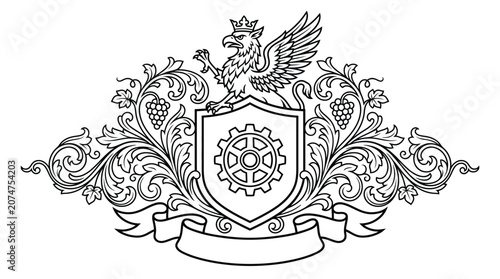 Gryphon crest with gear wheel and ornate floral swirls.