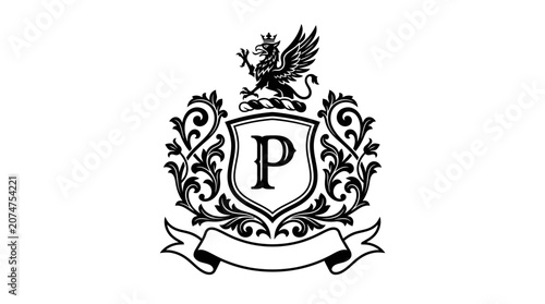 Griffin heraldic crest with letter P and flourishes.