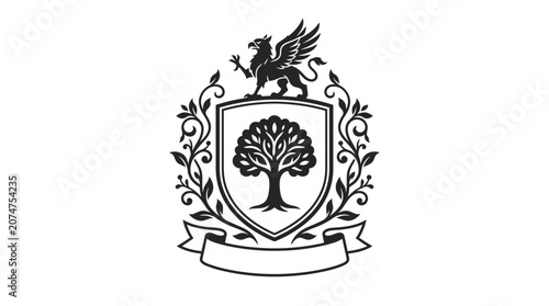 Griffin crest with tree symbol and laurel wreath
