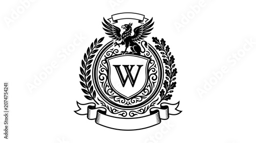 Griffin heraldic crest with letter W and circular wreath.