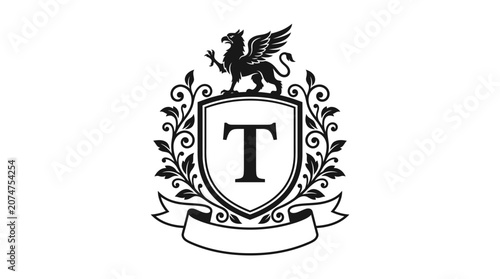 Griffin mythical creature crest with letter T.