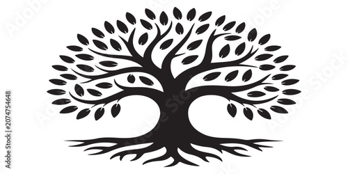 Canvas-taulu Large tree of life silhouette with sprawling roots and lush leaves isolated on white background for family concept