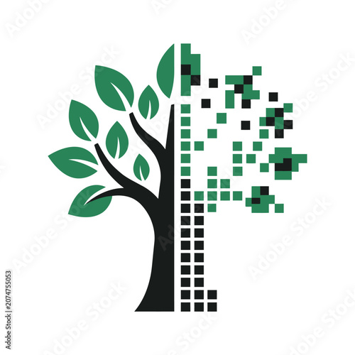 A stylized tree split between organic leaves and digital pixelated blocks