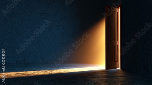 Open door bathed in bright sunlight, casting a long shadow