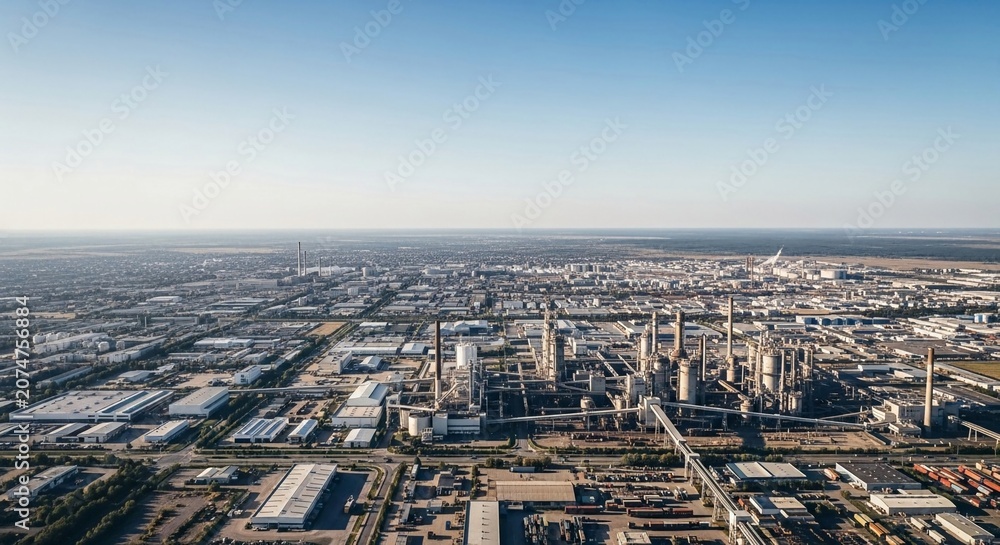 Fototapeta premium Sprawling industrial manufacturing complex with numerous smokestacks and facilities under a clear blue sky.