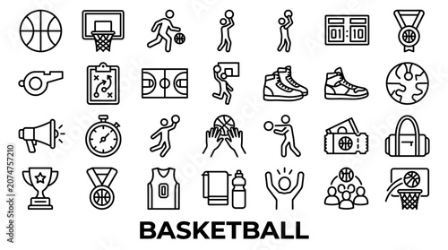 Basketball black line art icons for sports branding.