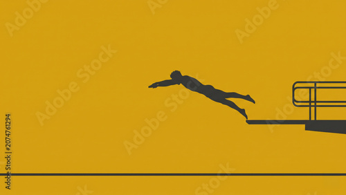 Minimalist composition of a dark silhouette of a man diving from a springboard against a solid yellow background, providing ample copy space.