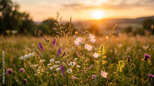Meadow wildflowers backlit at sunset, warm rim light on petals, bokeh background
