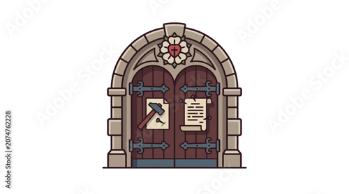 Historical Church Wooden Door with Hammer and Proclamation