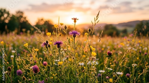 Meadow wildflowers backlit at sunset, warm rim light on petals, bokeh background
