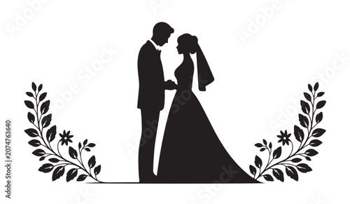 Foto Bride and groom silhouette facing each other with decorative floral branches vector
