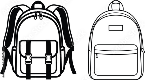 School Backpack and Casual Rucksack Vector Icon Set with Detailed Straps Buckles and Pocket Outlines for Education Lifestyle and Travel Graphic Designs