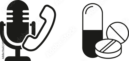 Quadro su tela Medical Consultation Hotline Icon Set with Microphone, Telephone Receiver, Pill
